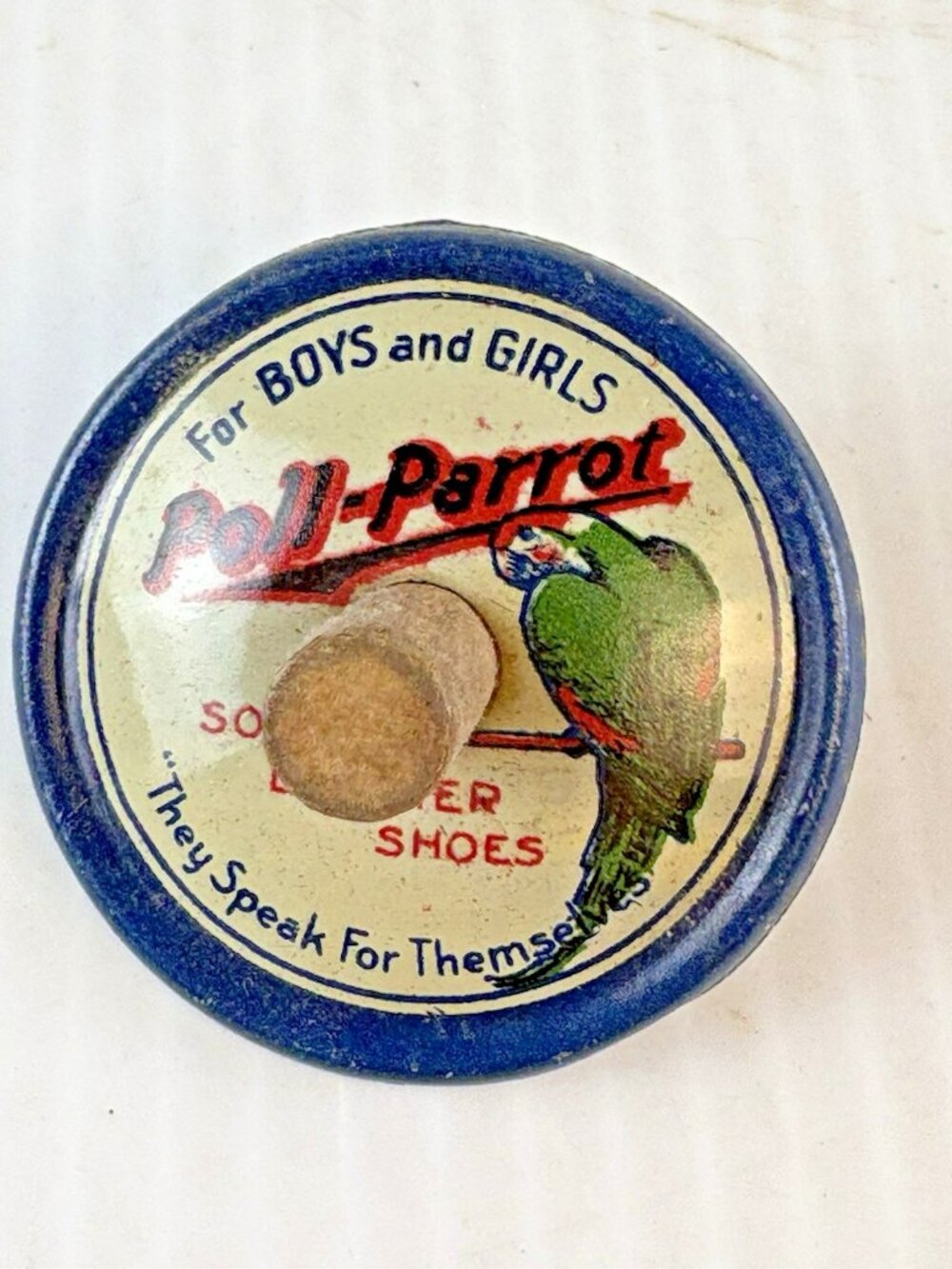 Antique Poll-Parrot Shoes Advertising Tin Spinning Top, 1.25in, UA-51, Vtg